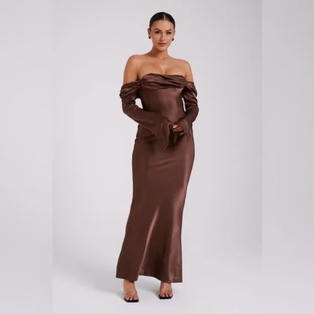 Meshki Giselle Mocha Off-Shoulder Satin Maxi Dress